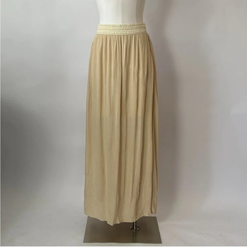 Vintage Active Boho Crinkled Maxi Skirt Crochet Knit Waistband Beige Tan Large - Picture 1 of 10